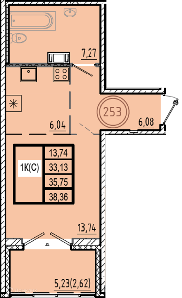 Планировка: Студия · 33,13 м²