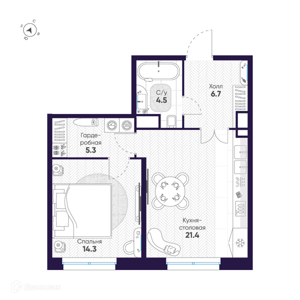 Планировка: 1 комната · 52,2 м²