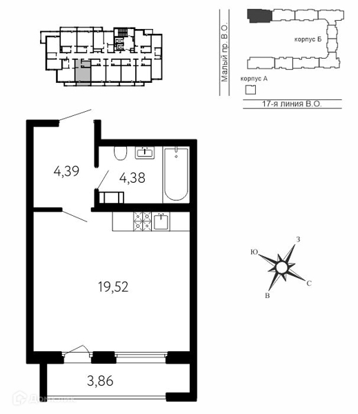 Планировка: 1 комната · 29,45 м²