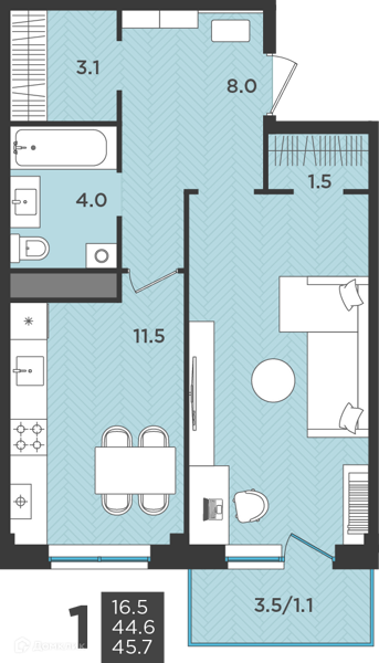 Планировка: 1 комната · 45,7 м²