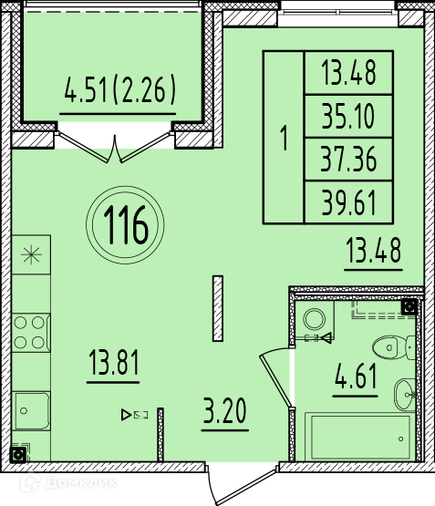 Планировка: 1 комната · 35,1 м²