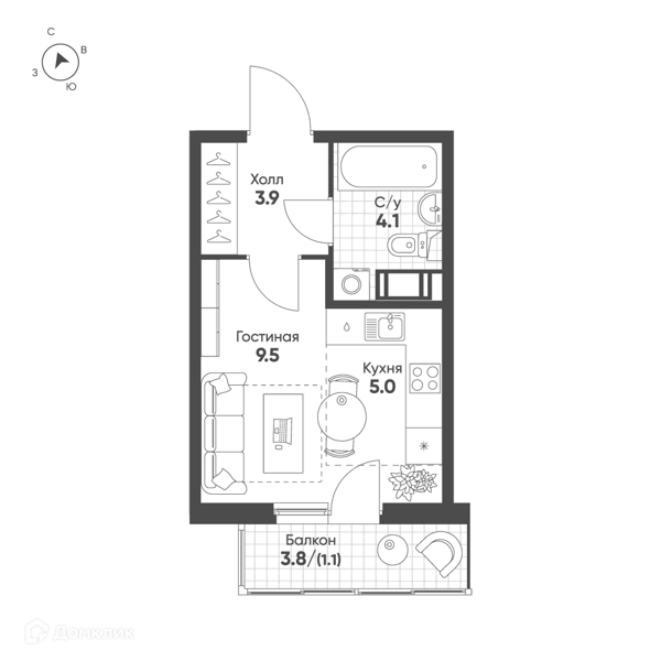Планировка квартиры: Студия · 23,6 м²