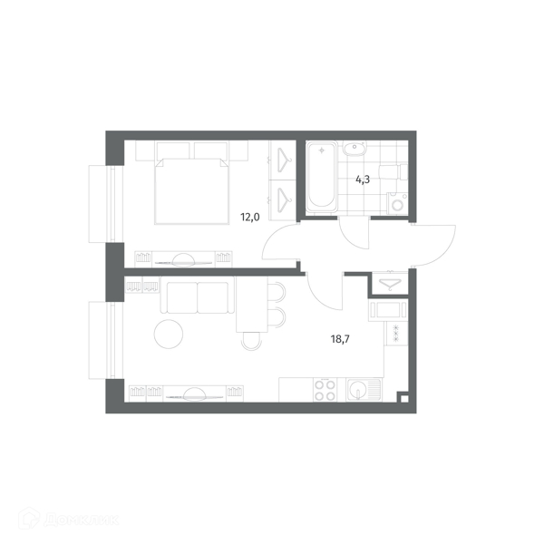 Планировка: 1 комната · 38,6 м²