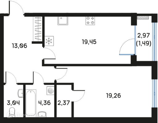 Планировка: 1 комната · 63,23 м²