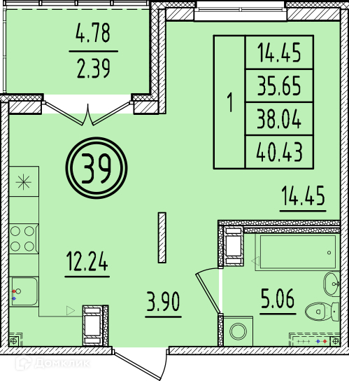 Планировка: 1 комната · 35,65 м²