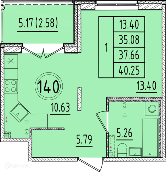 Планировка: 1 комната · 35,08 м²