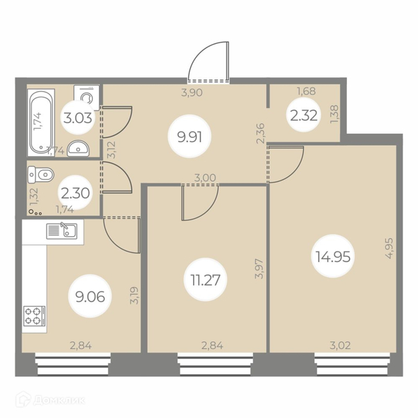 Планировка: 2 комнаты · 52,84 м²
