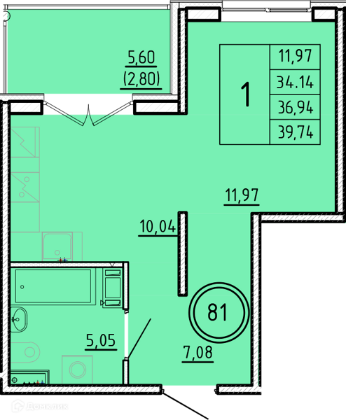 Планировка: 1 комната · 34,14 м²