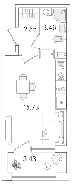 Планировка: Студия · 23,46 м²