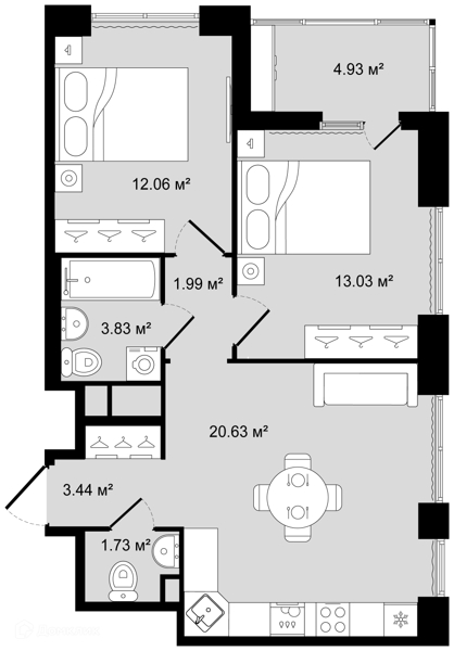 Планировка: 2 комнаты · 59,18 м²