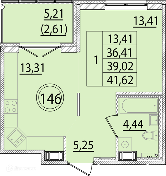 Планировка: 1 комната · 36,41 м²