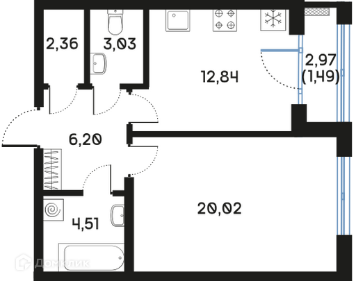 Планировка: 1 комната · 50,57 м²