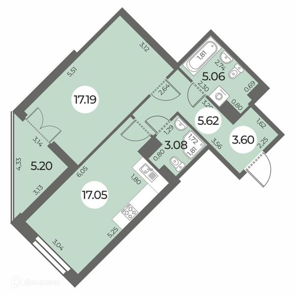 Планировка: 1 комната · 54,2 м²