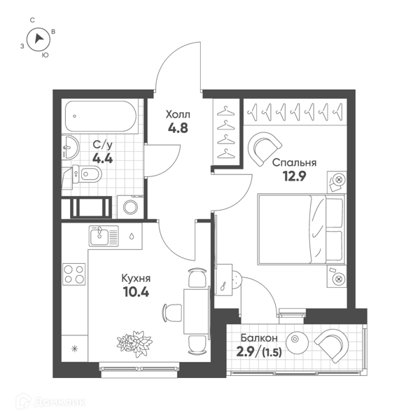 Планировка: 1 комната · 34 м²