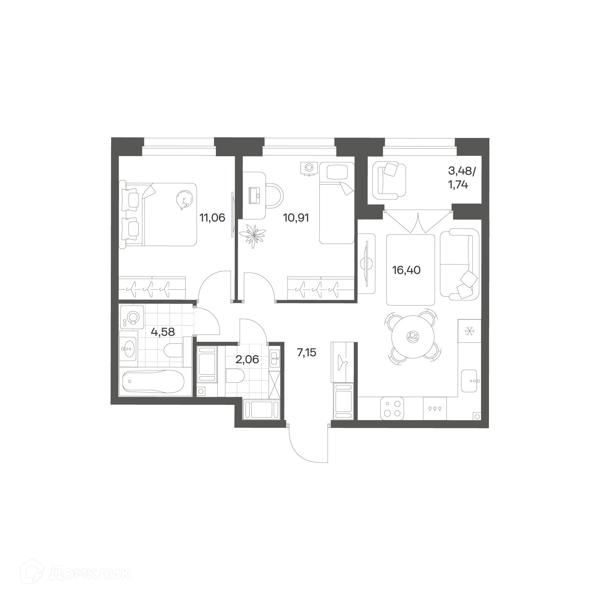 Планировка: 2 комнаты · 52,57 м²