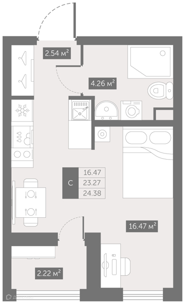 Планировка: Студия · 24,38 м²