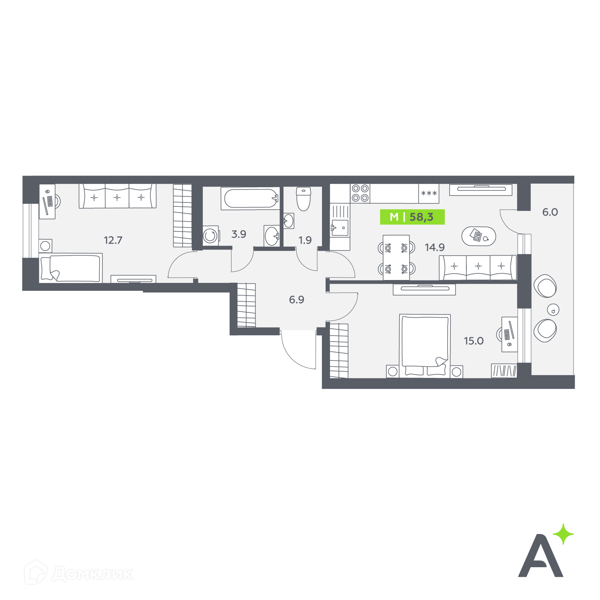 Планировка: 2 комнаты · 58,3 м²