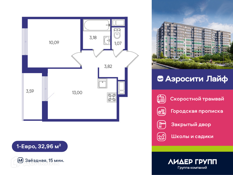 Планировка: 1 комната · 32,96 м²