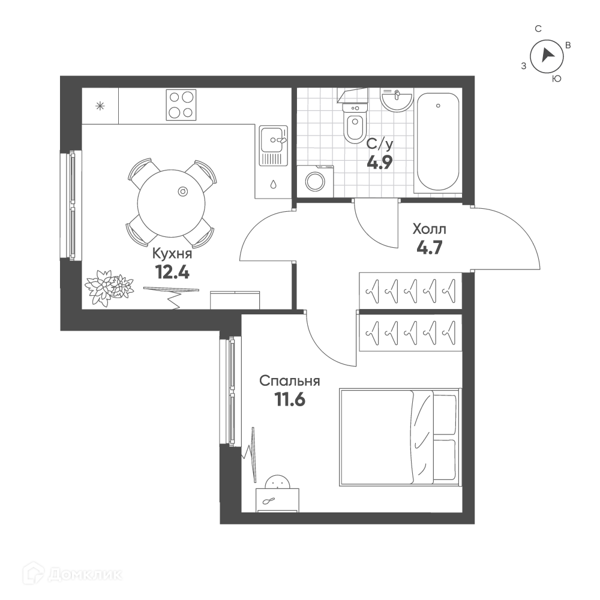 Планировка: 1 комната · 33,6 м²