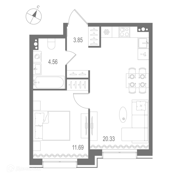 Планировка: 1 комната · 40,43 м²