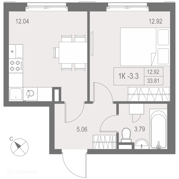 Планировка квартиры: 1 комната · 34,2 м²
