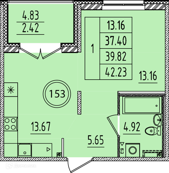 Планировка квартиры: 1 комната · 37,4 м²