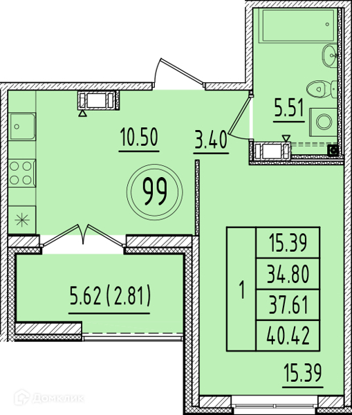 Планировка: 1 комната · 34,8 м²