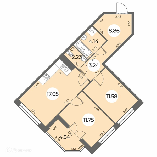 Планировка: 2 комнаты · 61,12 м²