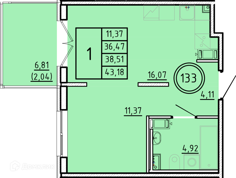Планировка: 1 комната · 36,47 м²