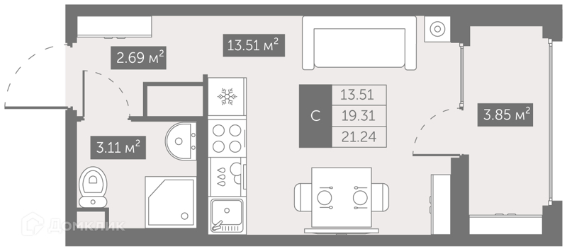Планировка квартиры: Студия · 21,24 м²