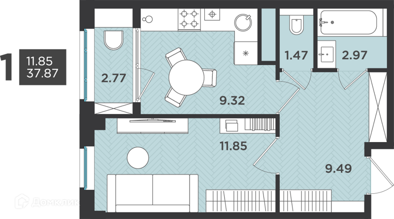 Планировка: 1 комната · 37,87 м²