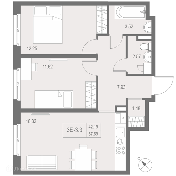 Планировка: 2 комнаты · 58,1 м²
