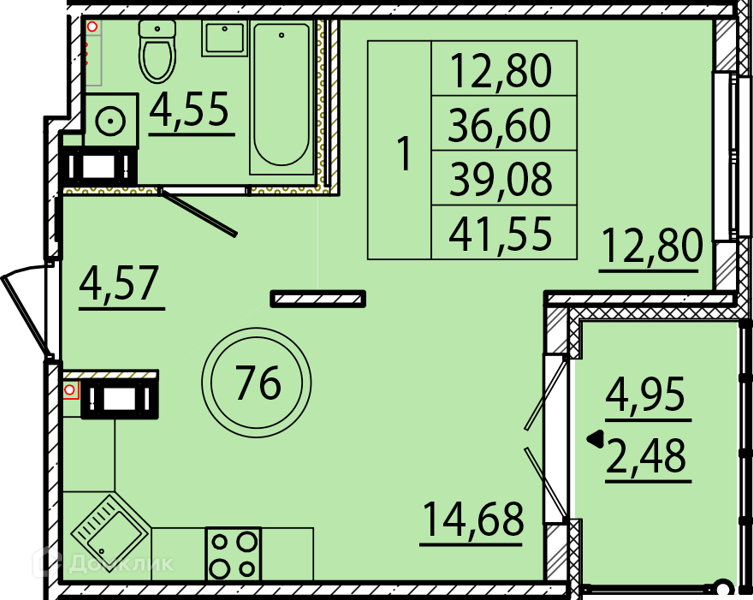 Планировка: 1 комната · 36,6 м²