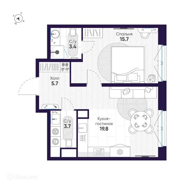 Планировка: 1 комната · 48,3 м²