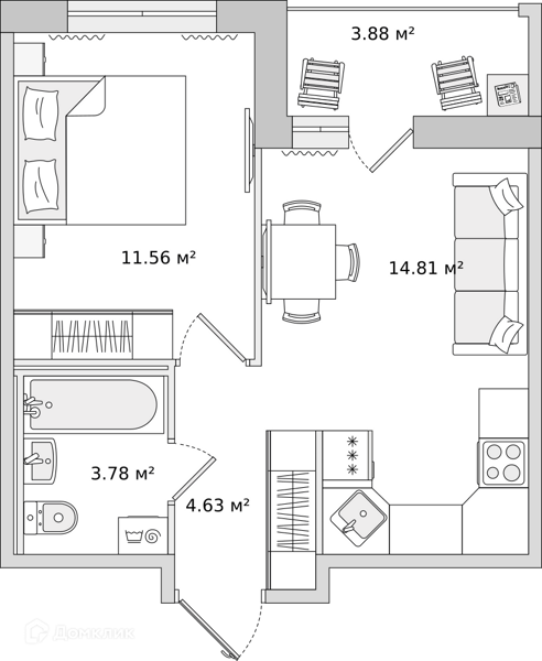 Планировка квартиры: 1 комната · 38,66 м²