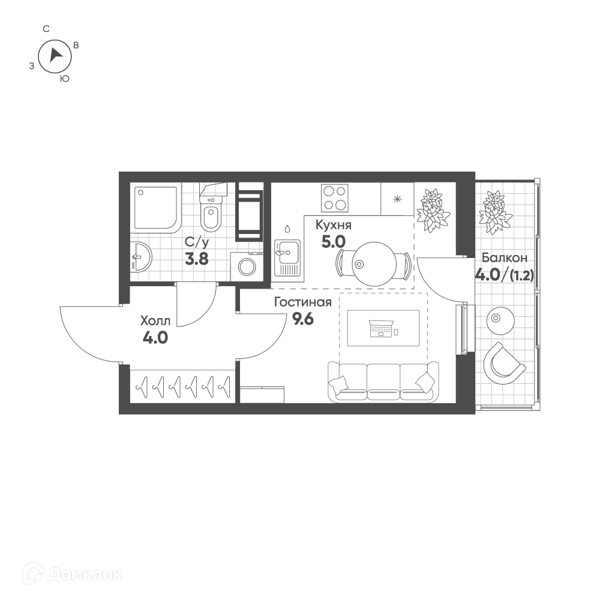Планировка: Студия · 23,6 м²
