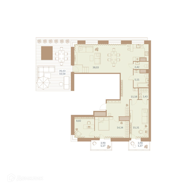 Планировка: 3 комнаты · 119,6 м²