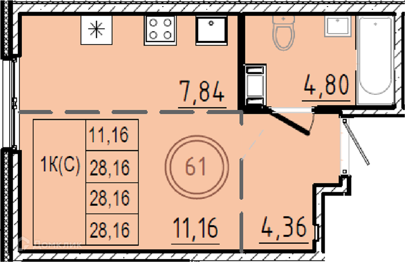 Планировка квартиры: Студия · 28,16 м²