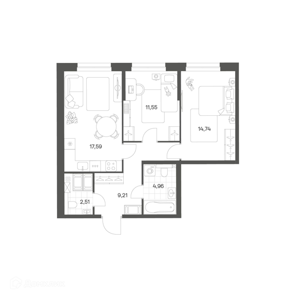 Планировка: 2 комнаты · 60,56 м²