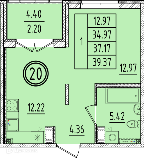 Планировка: 1 комната · 34,97 м²