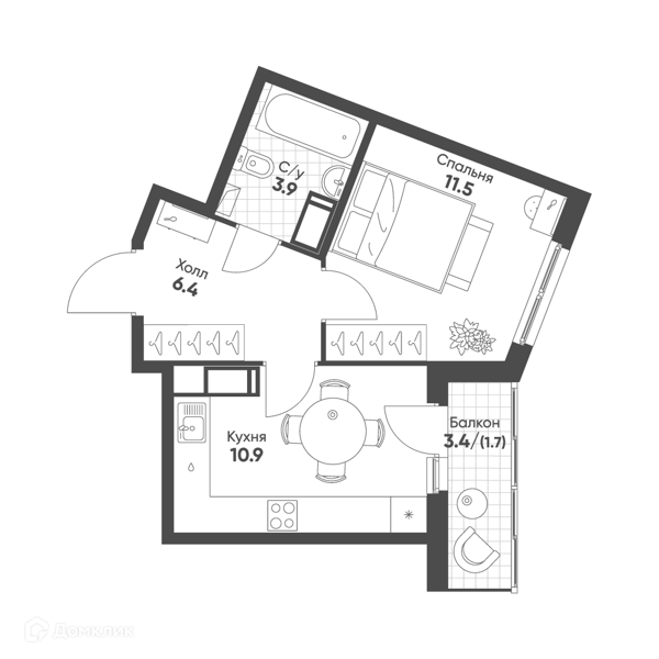 Планировка: 1 комната · 34,4 м²