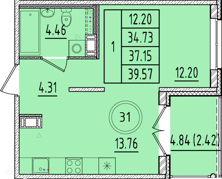Планировка квартиры: 1 комната · 34,73 м²