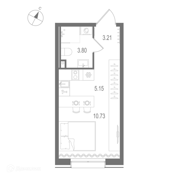 Планировка: Студия · 22,89 м²