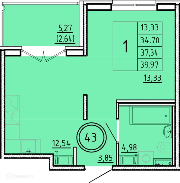 Планировка: 1 комната · 34,7 м²