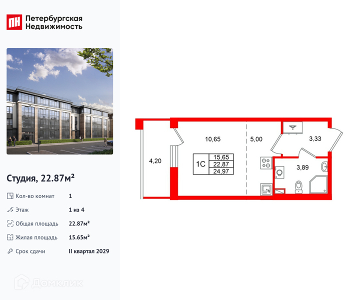 Планировка квартиры: Студия · 22,87 м²