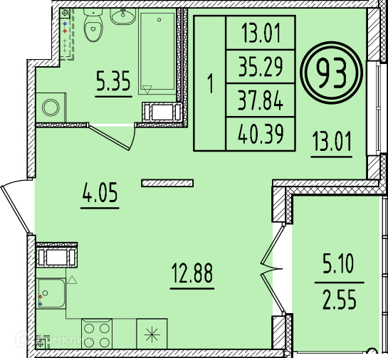 Планировка квартиры: 1 комната · 35,29 м²