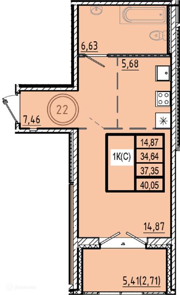 Планировка: Студия · 34,64 м²