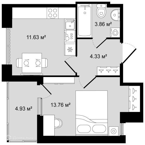 Планировка: 1 комната · 36,05 м²