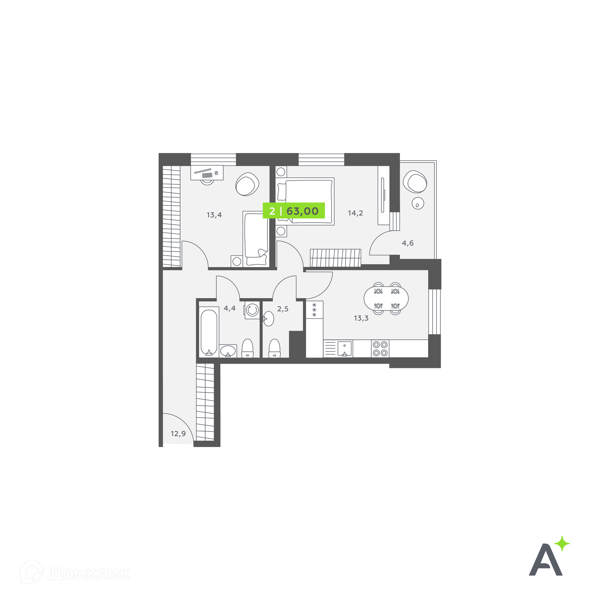 Планировка: 2 комнаты · 63 м²