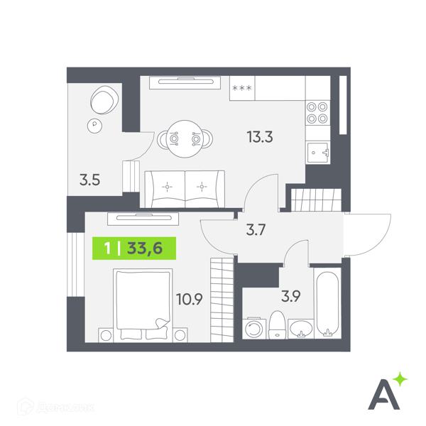 Планировка: 1 комната · 33,6 м²